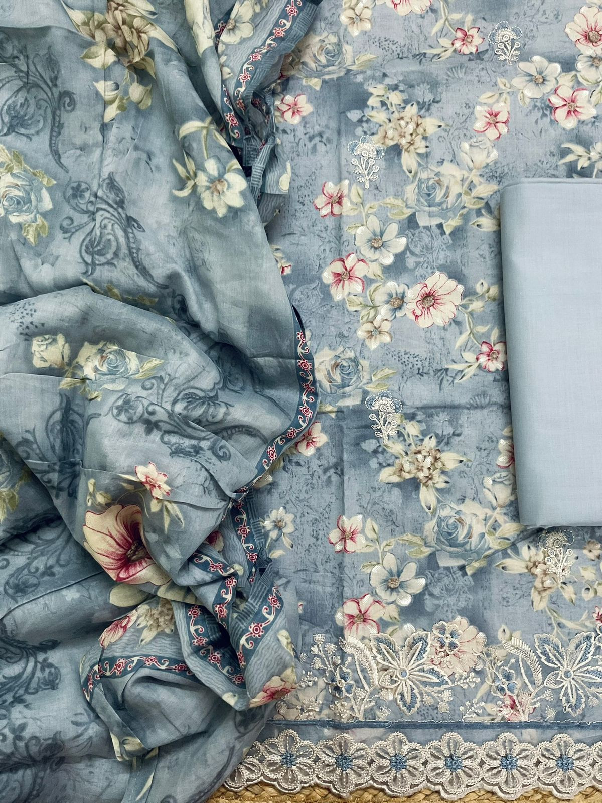 Pure Cotton Printed Embroidered Suit - Grey