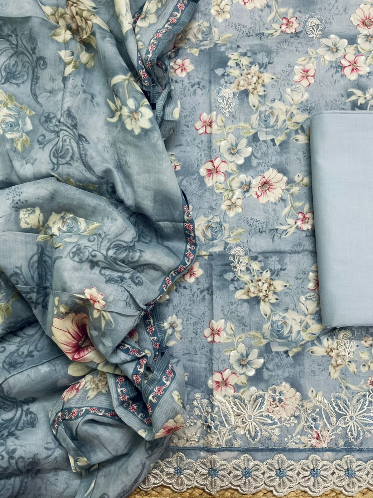 Image of Pure Cotton Printed Embroidered Suit - Grey