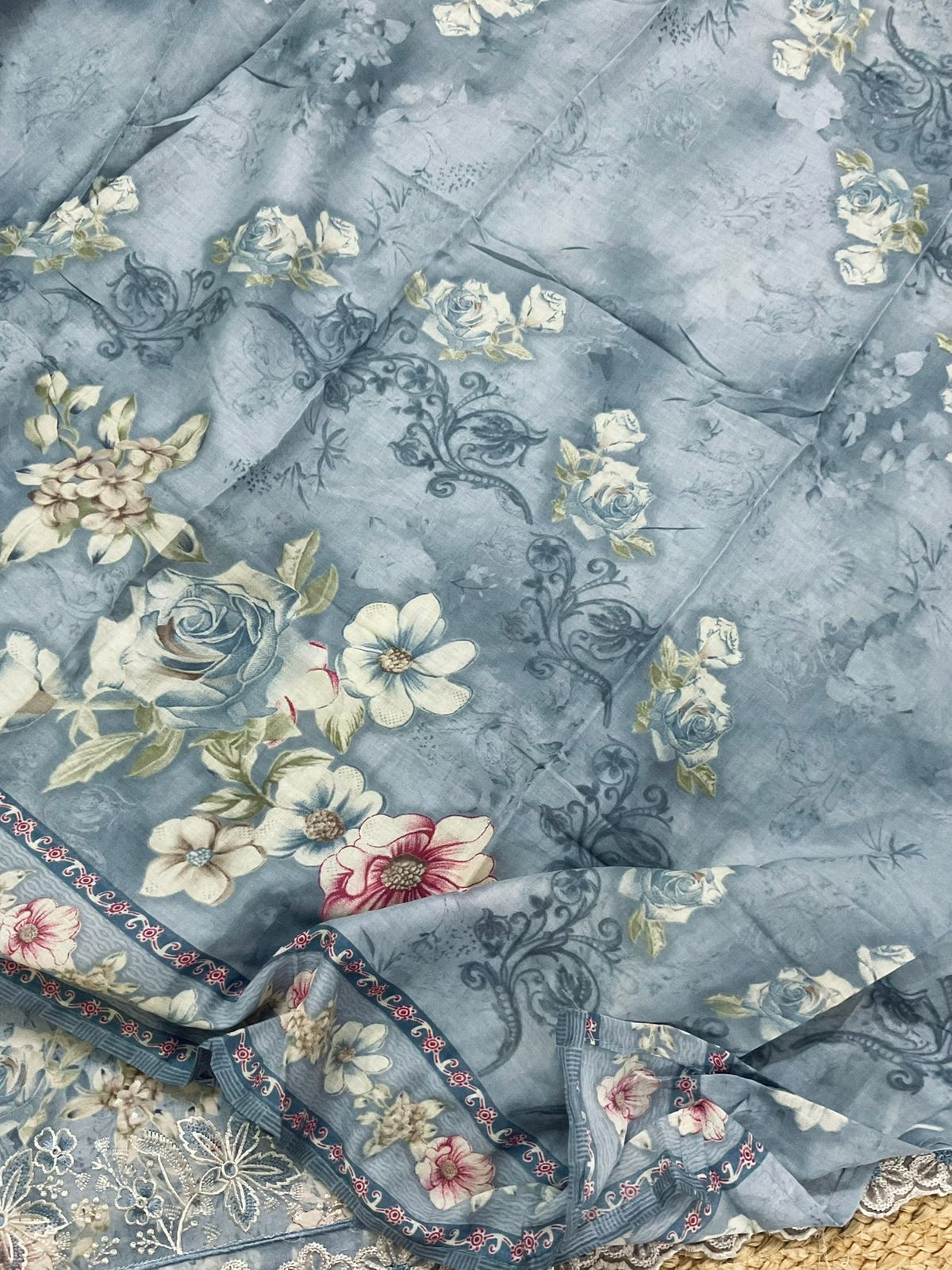 Pure Cotton Printed Embroidered Suit - Grey