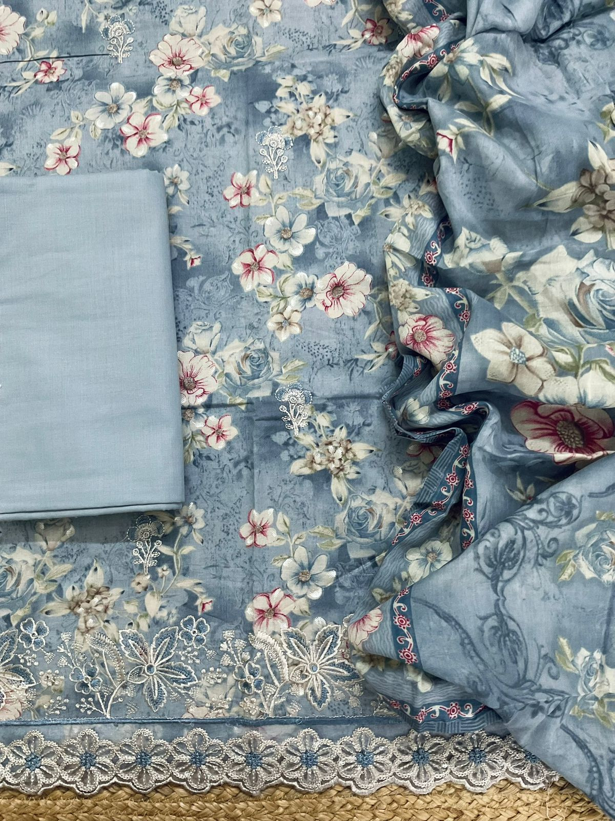 Pure Cotton Printed Embroidered Suit - Grey