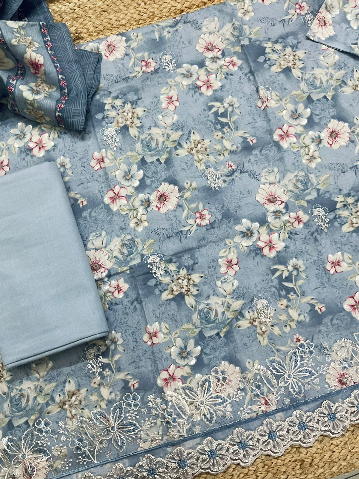 Pure Cotton Printed Embroidered Suit - Grey