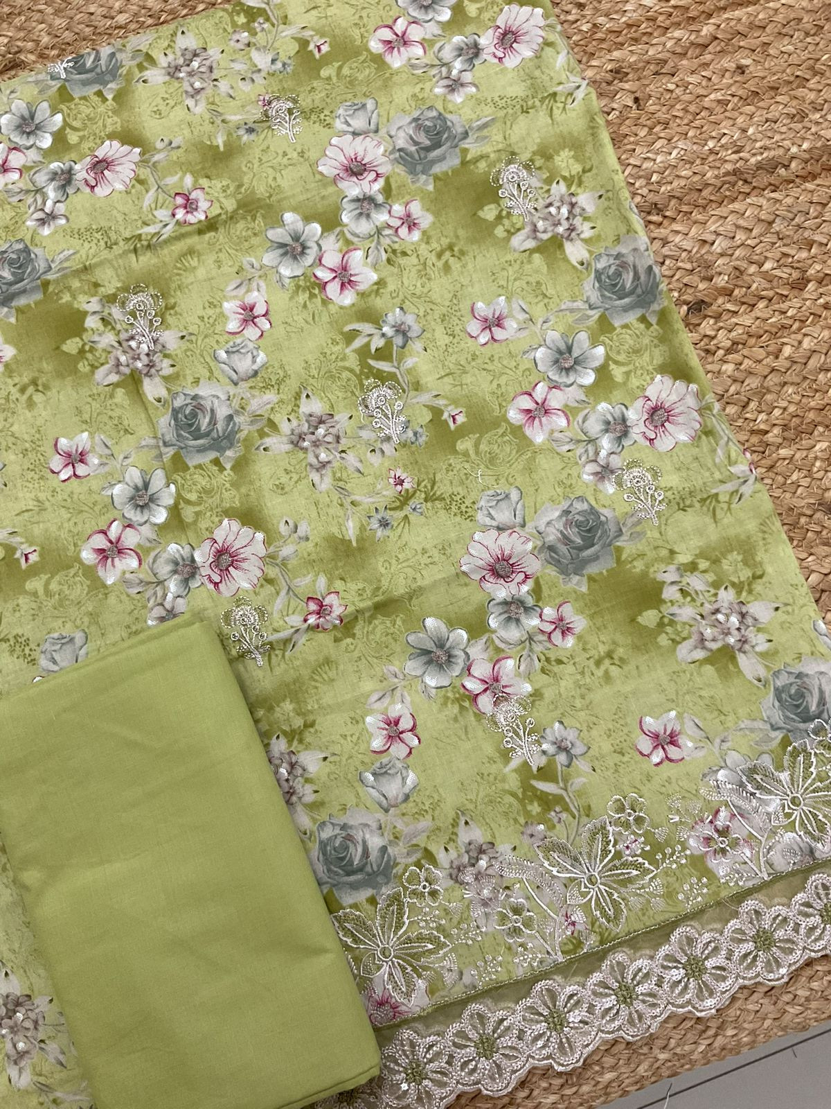 Pure Cotton Printed Embroidered Suit - Green