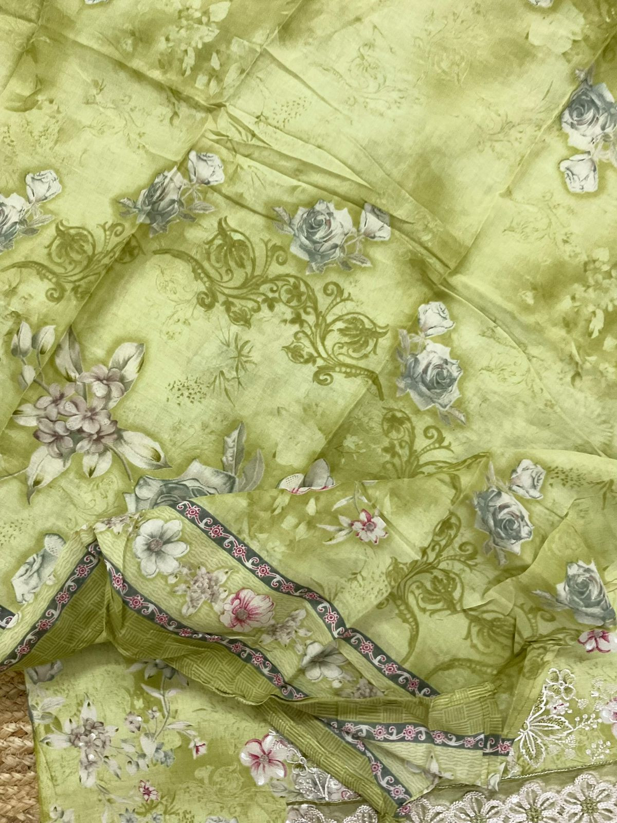 Pure Cotton Printed Embroidered Suit - Green