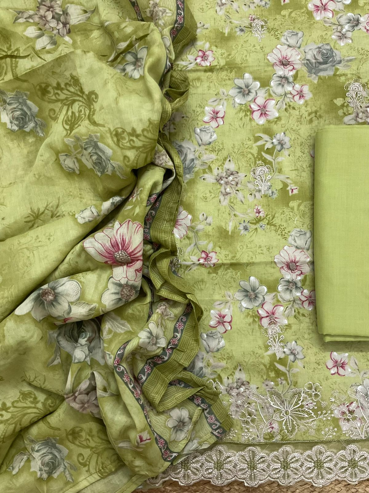Pure Cotton Printed Embroidered Suit - Green