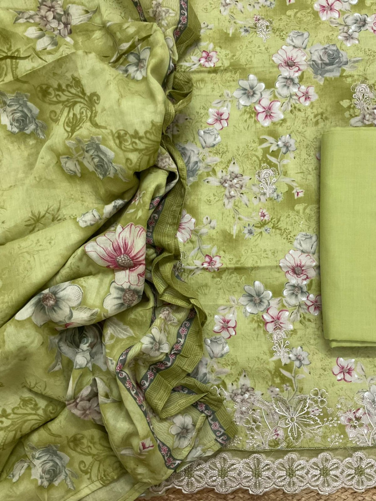Image of Pure Cotton Printed Embroidered Suit - Green