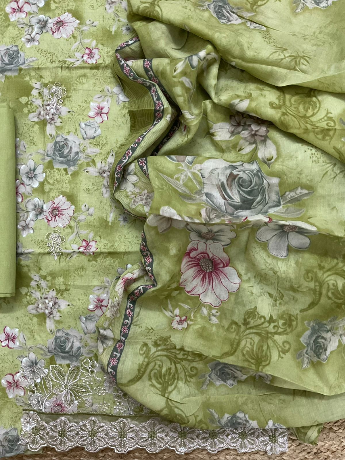 Pure Cotton Printed Embroidered Suit - Green