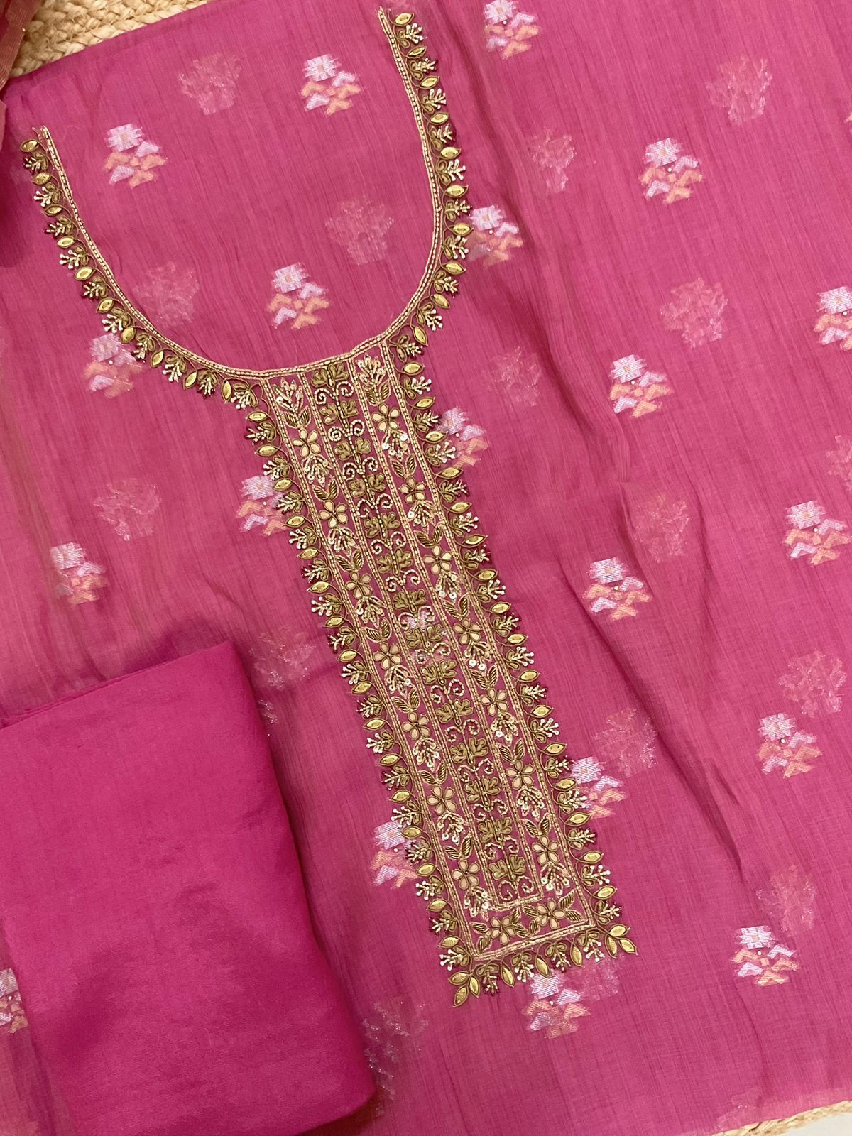 Pure Slub Chanderi Banarasi Weaved Embroidered Suit - Pink