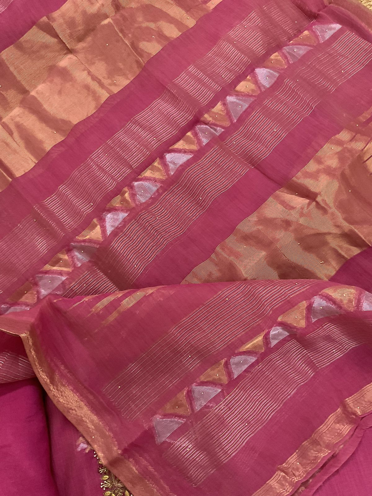 Pure Slub Chanderi Banarasi Weaved Embroidered Suit - Pink
