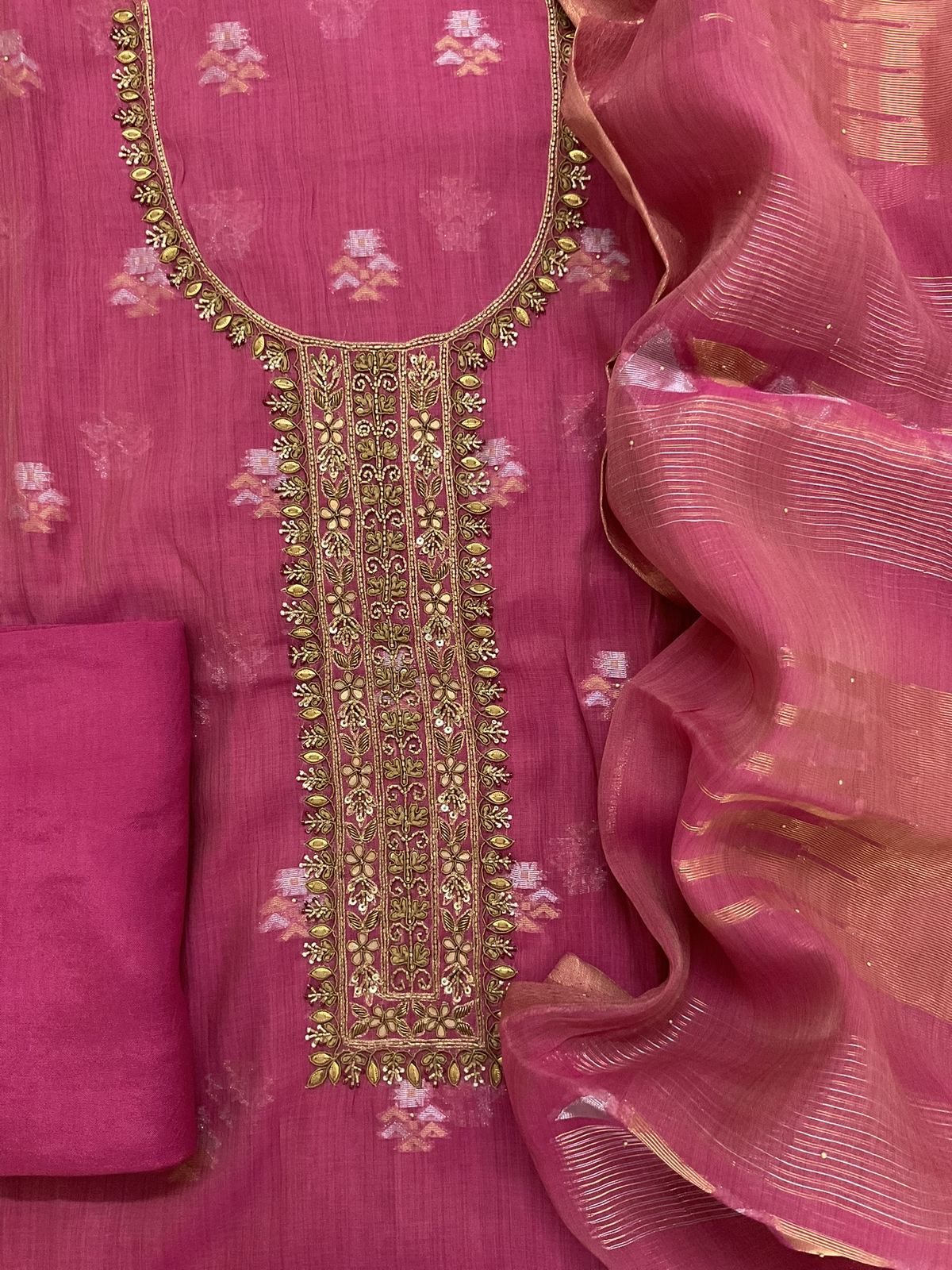 Pure Slub Chanderi Banarasi Weaved Embroidered Suit - Pink