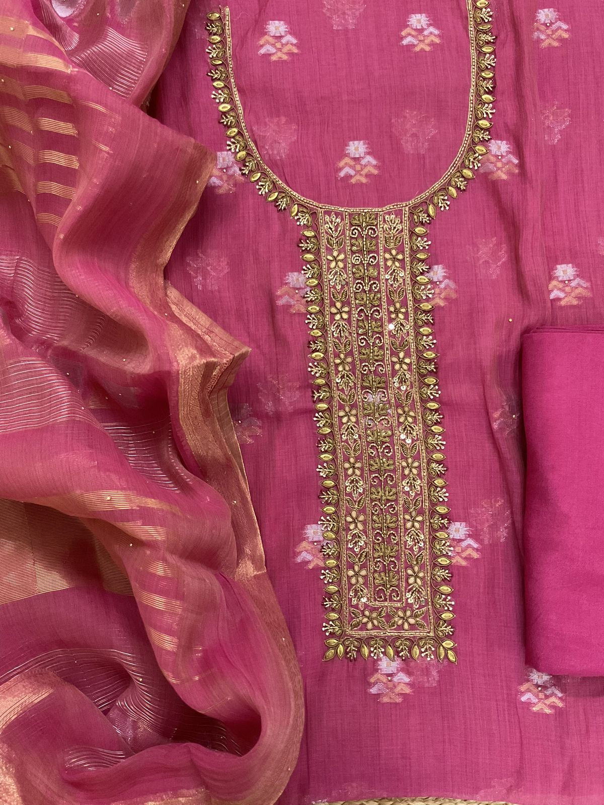 Pure Slub Chanderi Banarasi Weaved Embroidered Suit - Pink