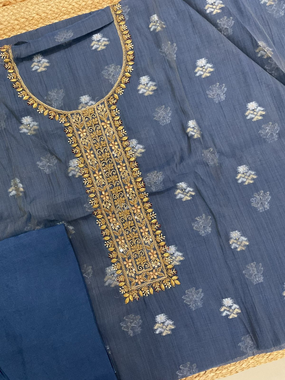 Pure Slub Chanderi Banarasi Weaved Embroidered Suit - Blue