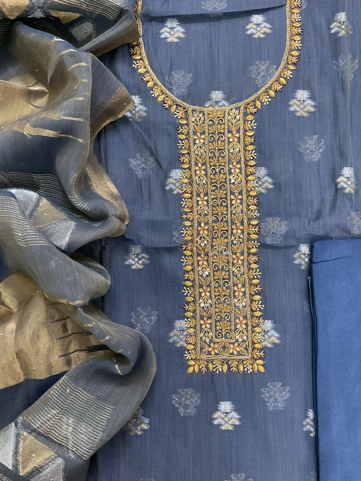Pure Slub Chanderi Banarasi Weaved Embroidered Suit - Blue