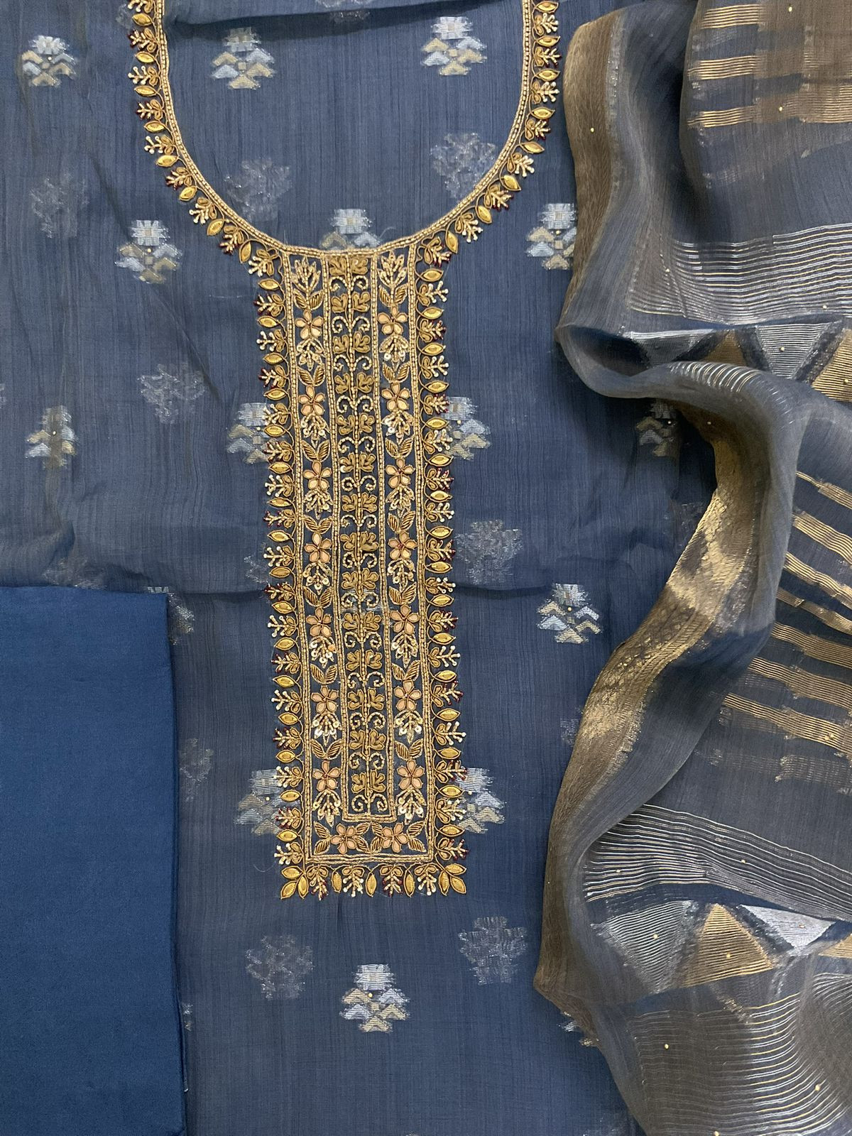 Pure Slub Chanderi Banarasi Weaved Embroidered Suit - Blue