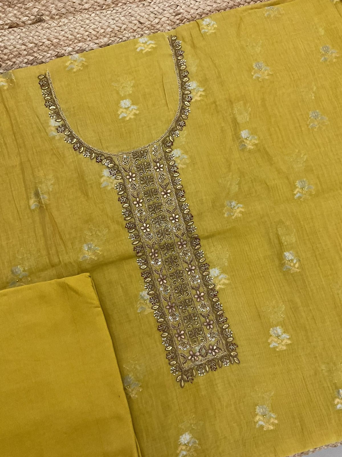 Pure Slub Chanderi Banarasi Weaved Embroidered Suit - Yellow