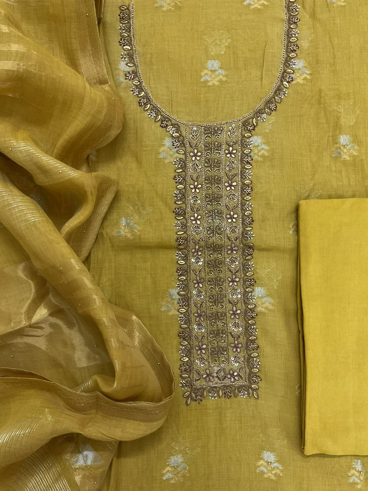Pure Slub Chanderi Banarasi Weaved Embroidered Suit - Yellow
