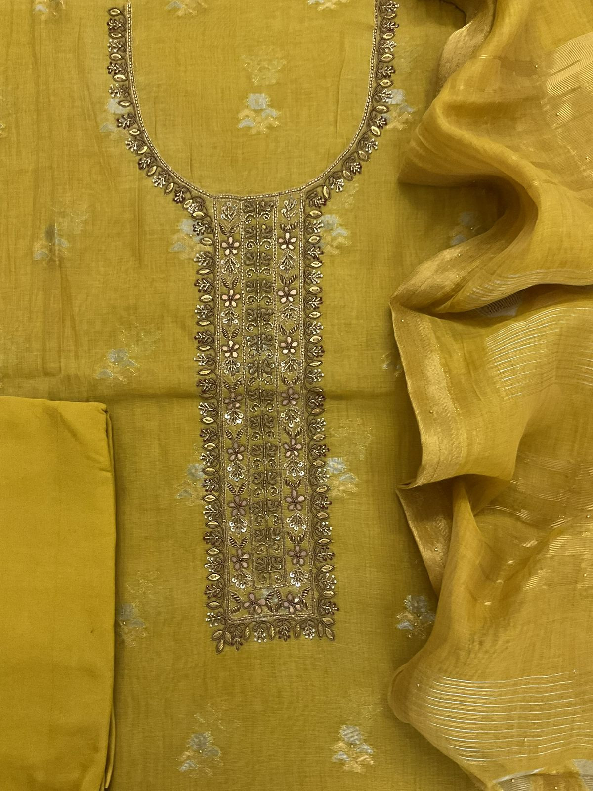 Pure Slub Chanderi Banarasi Weaved Embroidered Suit - Yellow