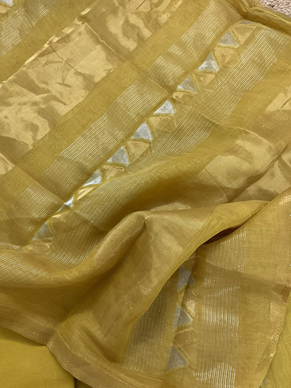 Pure Slub Chanderi Banarasi Weaved Embroidered Suit - Yellow