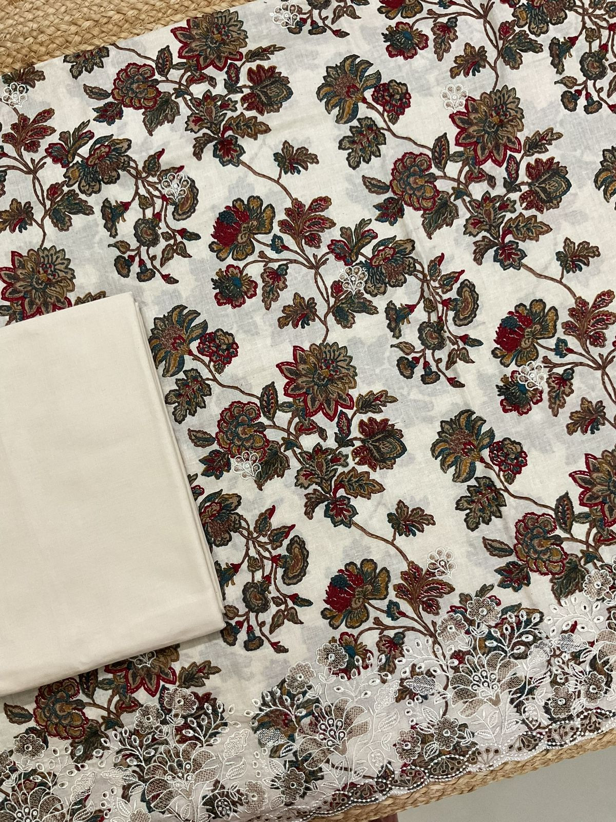 Pure Cotton Printed Embroidered Suit - Cream