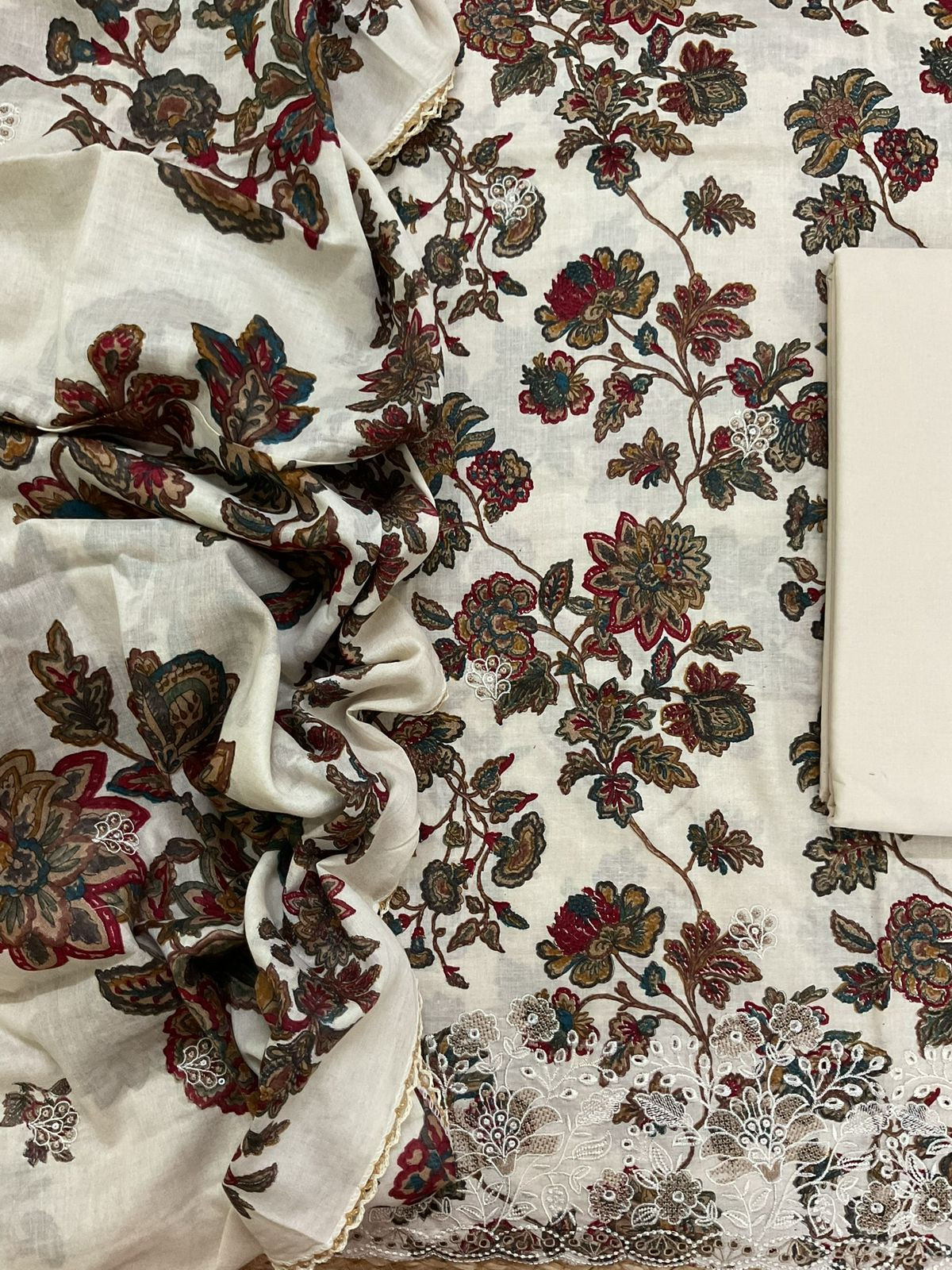 Pure Cotton Printed Embroidered Suit - Cream