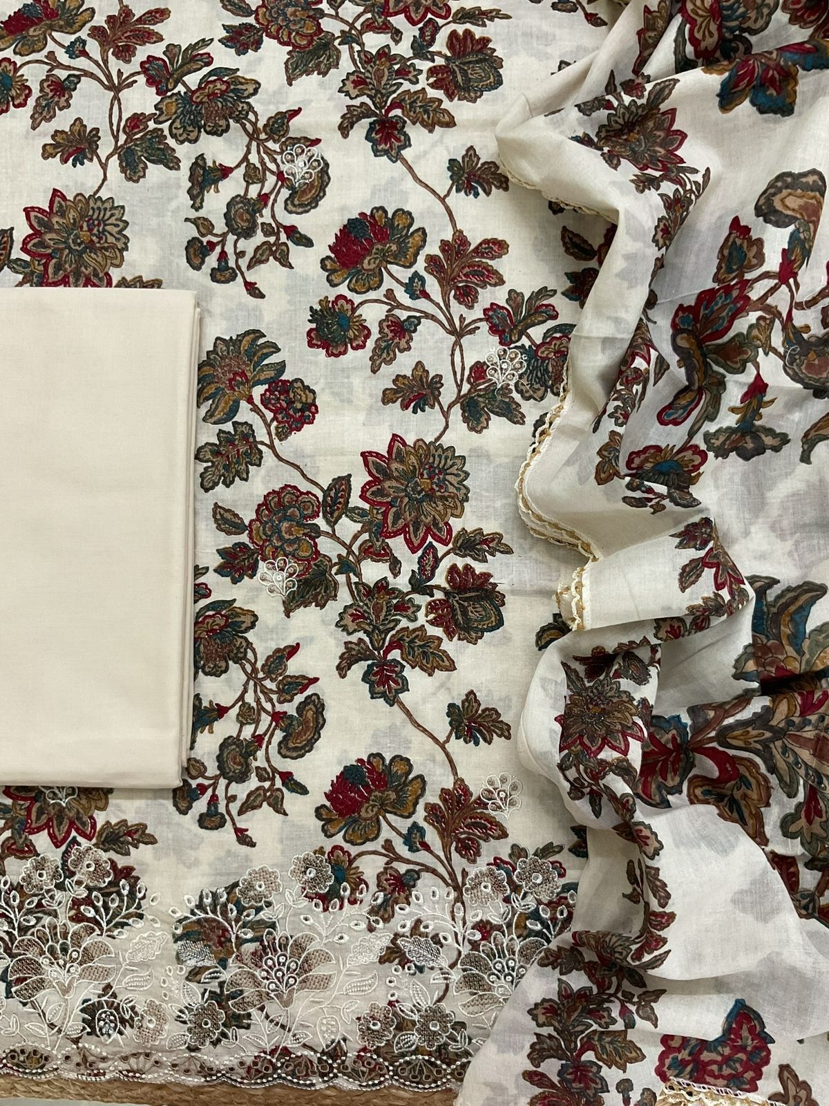 Pure Cotton Printed Embroidered Suit - Cream