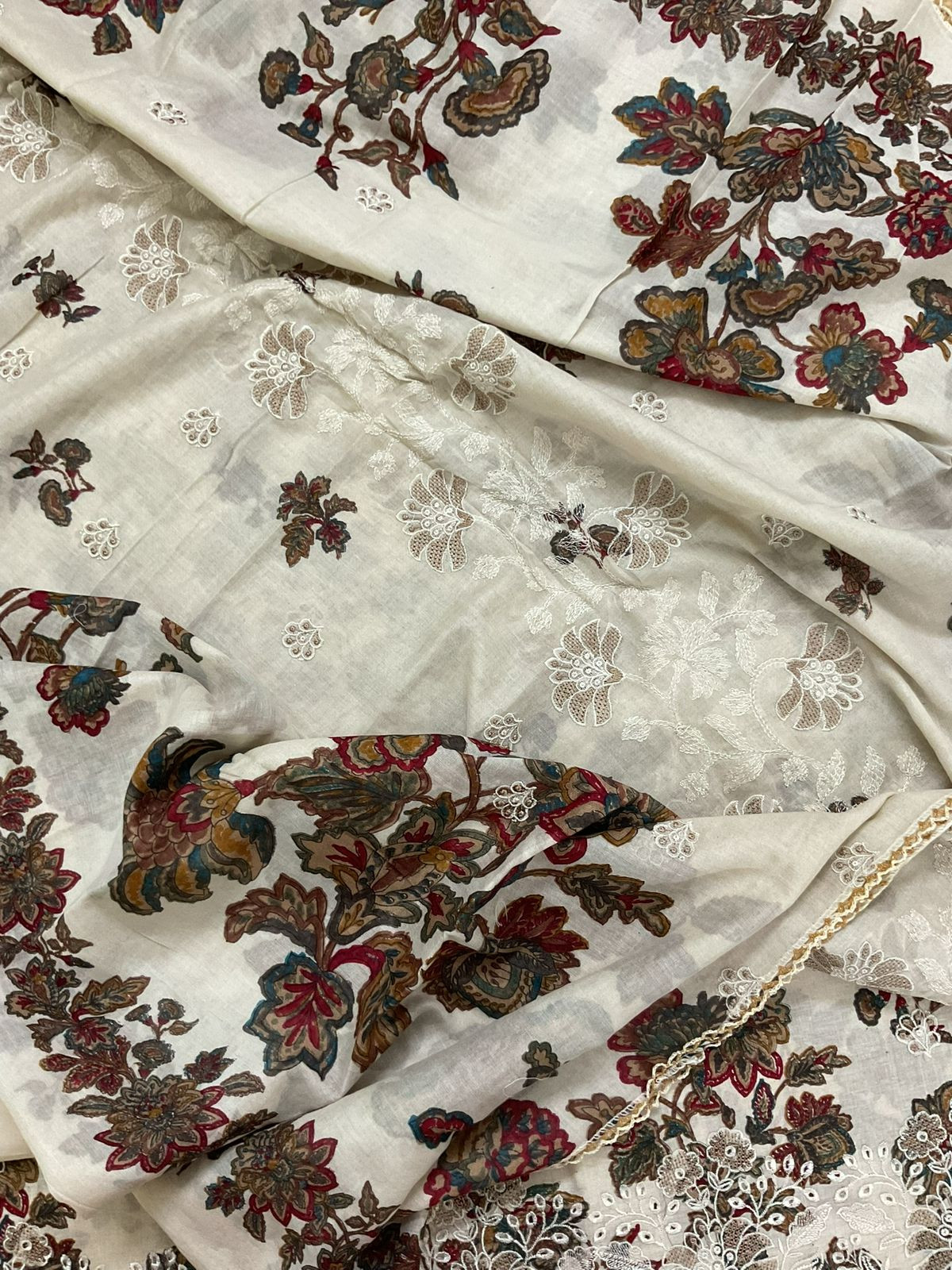 Pure Cotton Printed Embroidered Suit - Cream