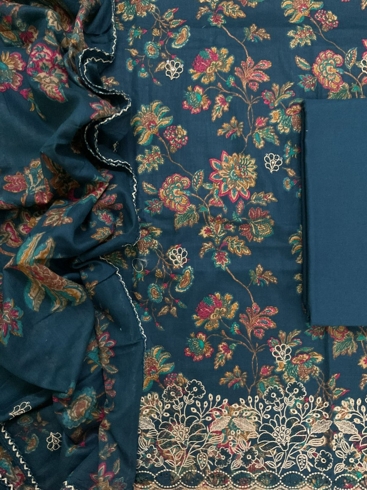 Image of Pure Cotton Printed Embroidered Suit - Blue