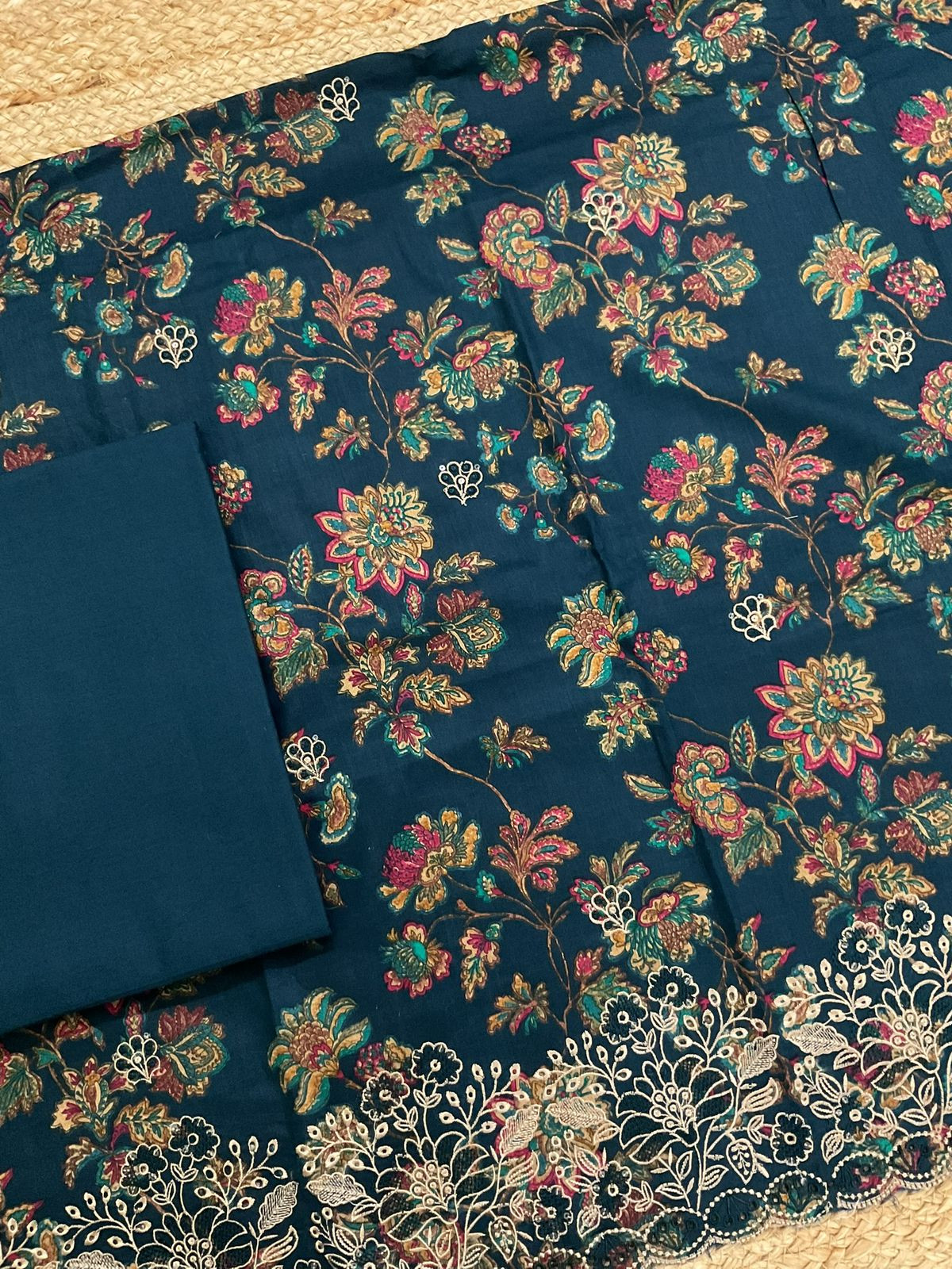 Pure Cotton Printed Embroidered Suit - Blue