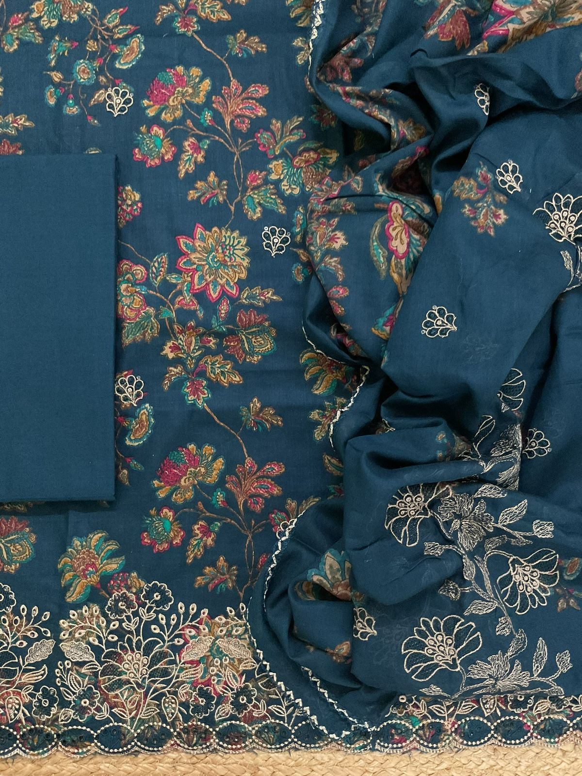Pure Cotton Printed Embroidered Suit - Blue