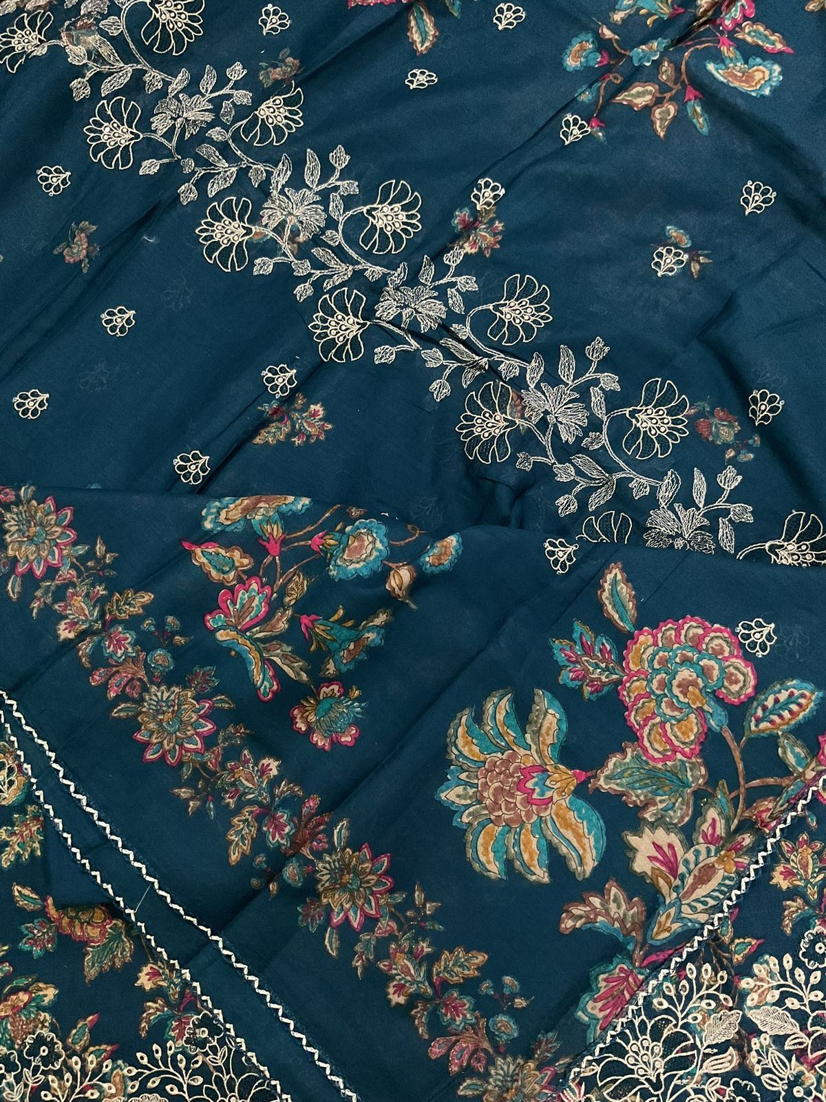 Pure Cotton Printed Embroidered Suit - Blue