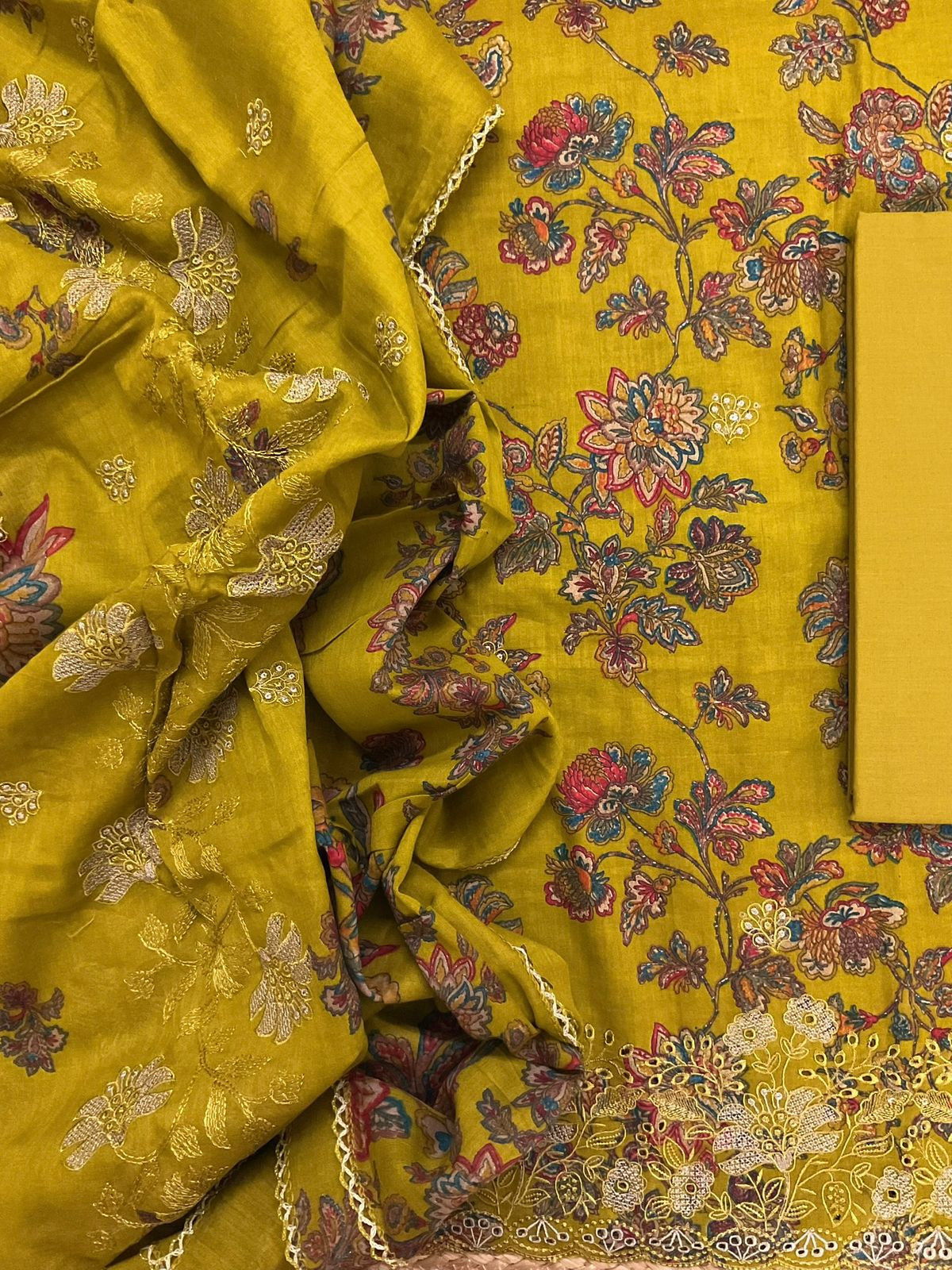 Pure Cotton Printed Embroidered Suit - Yellow