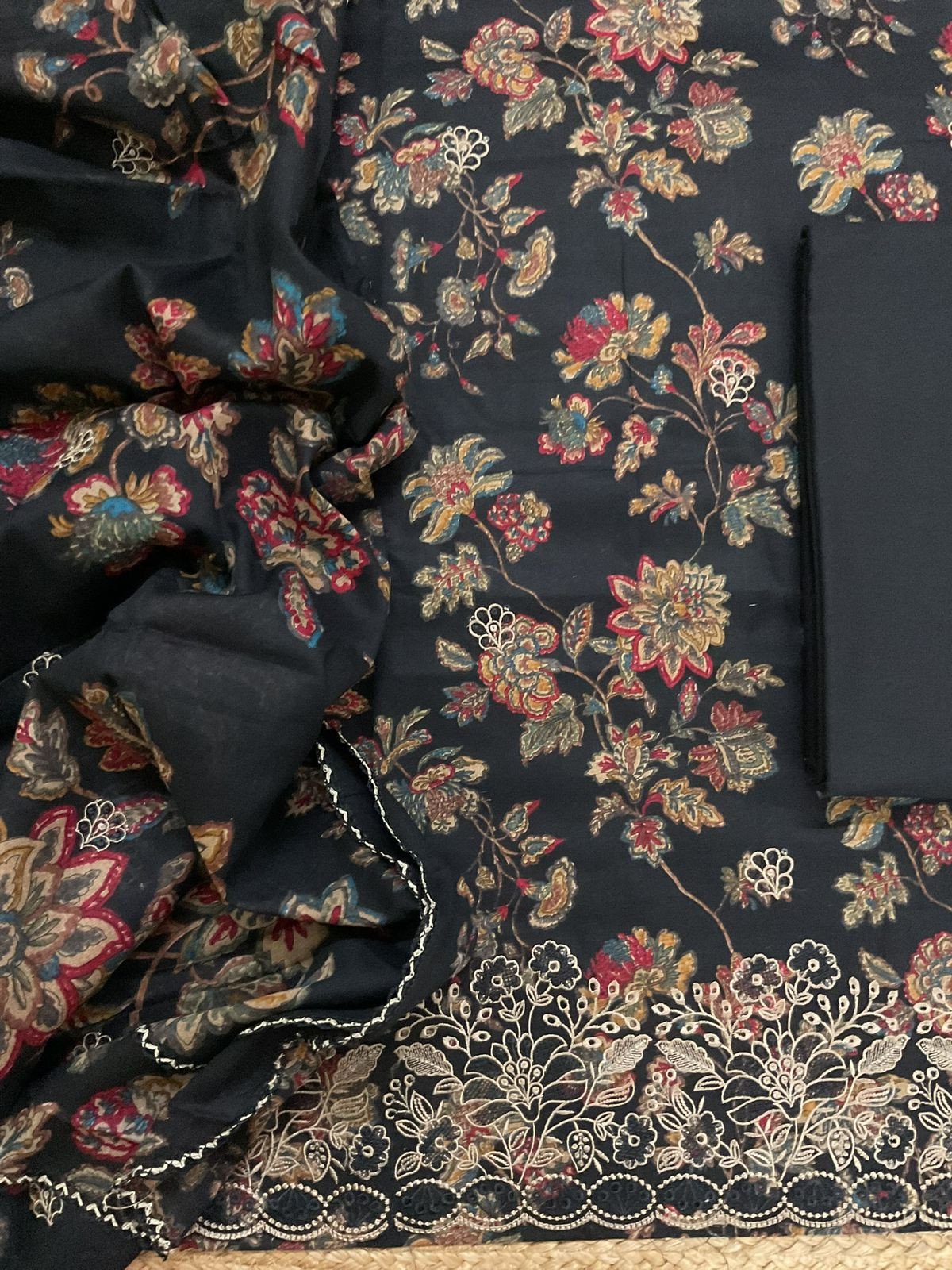 Pure Cotton Printed Embroidered Suit - Black