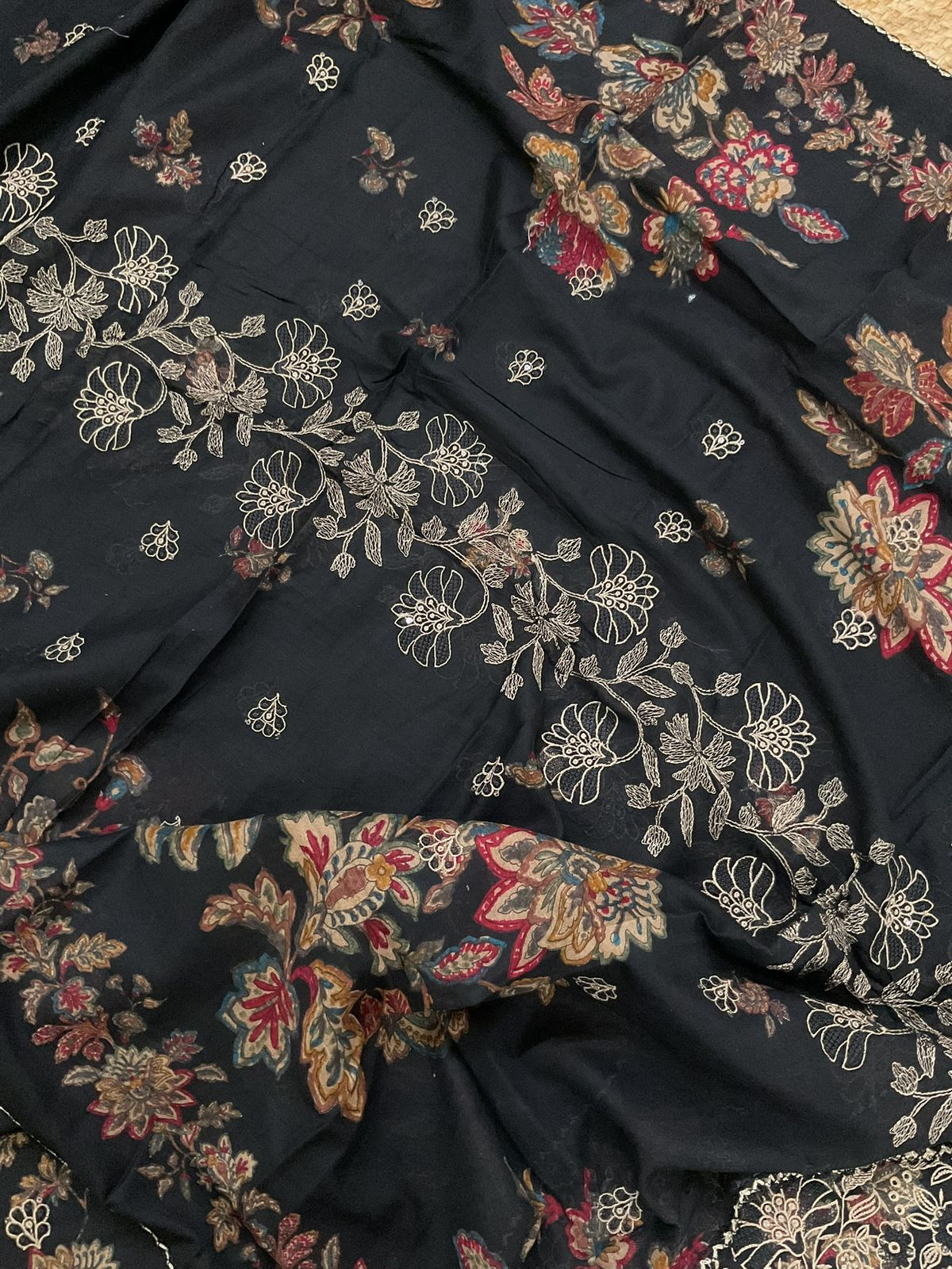 Pure Cotton Printed Embroidered Suit - Black
