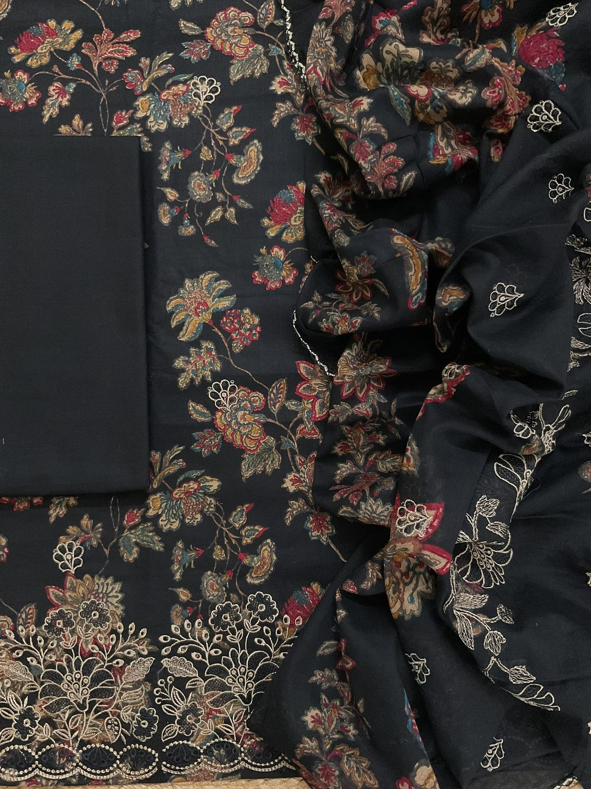 Pure Cotton Printed Embroidered Suit - Black