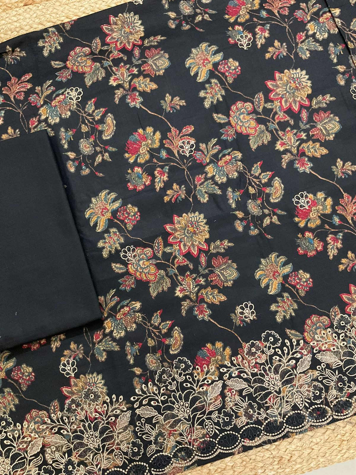 Pure Cotton Printed Embroidered Suit - Black