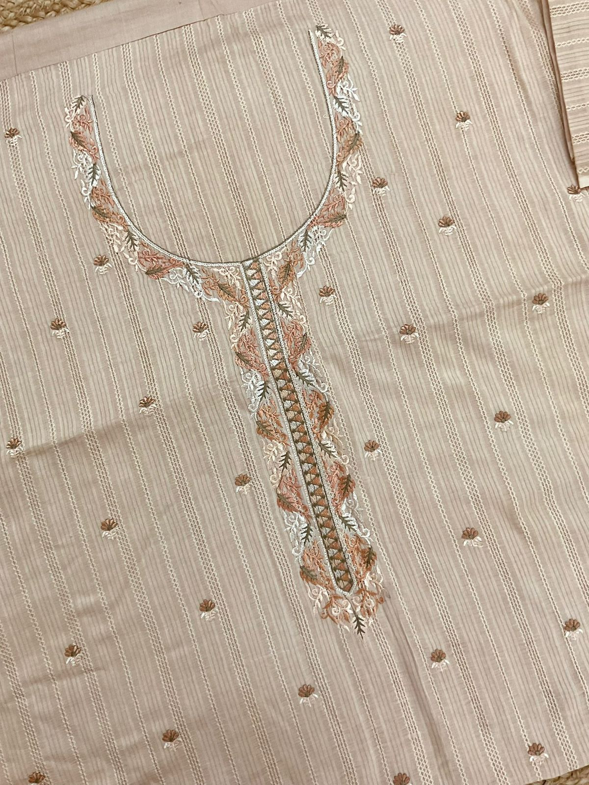 Pure Cotton Self Weaved Printed Embroidered Suit - Peachish Beige