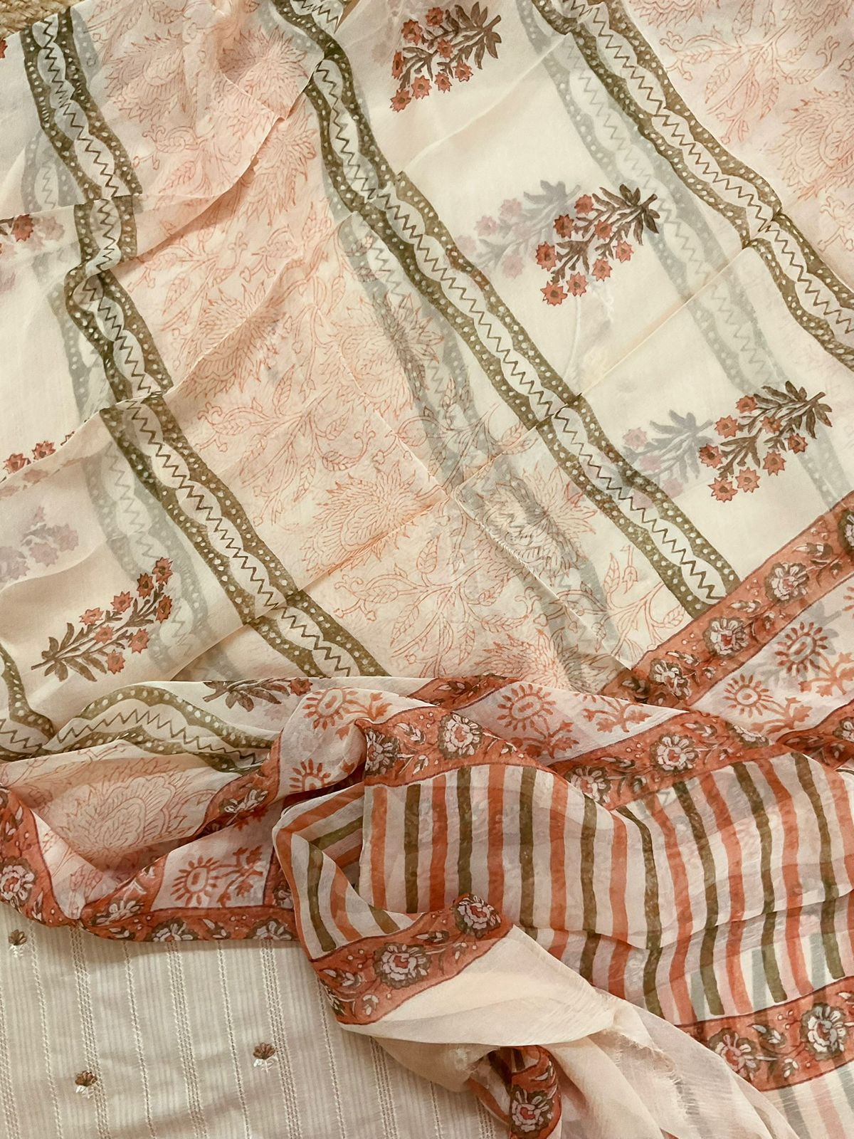 Pure Cotton Self Weaved Printed Embroidered Suit - Peachish Beige