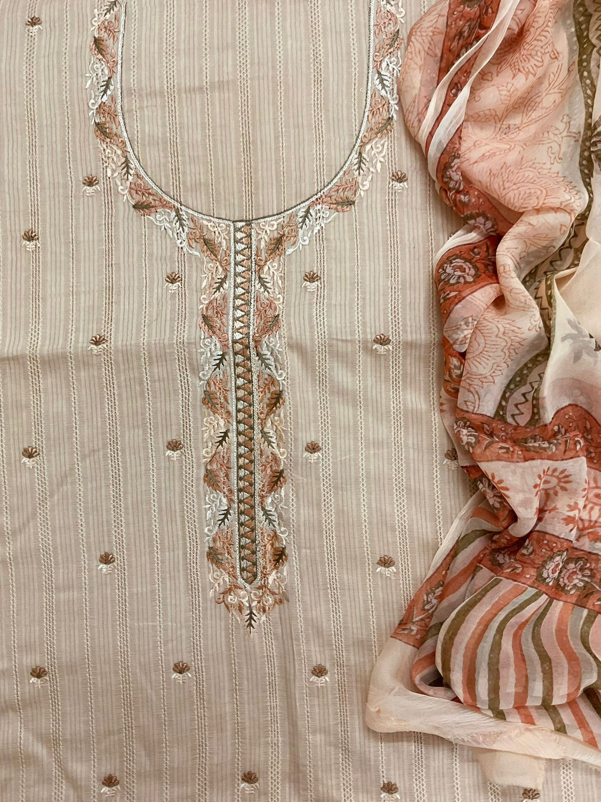 Pure Cotton Self Weaved Printed Embroidered Suit - Peachish Beige