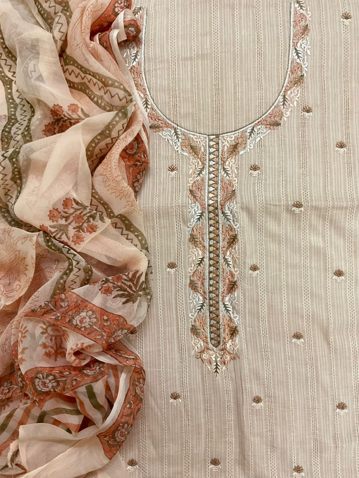 Pure Cotton Self Weaved Printed Embroidered Suit - Peachish Beige
