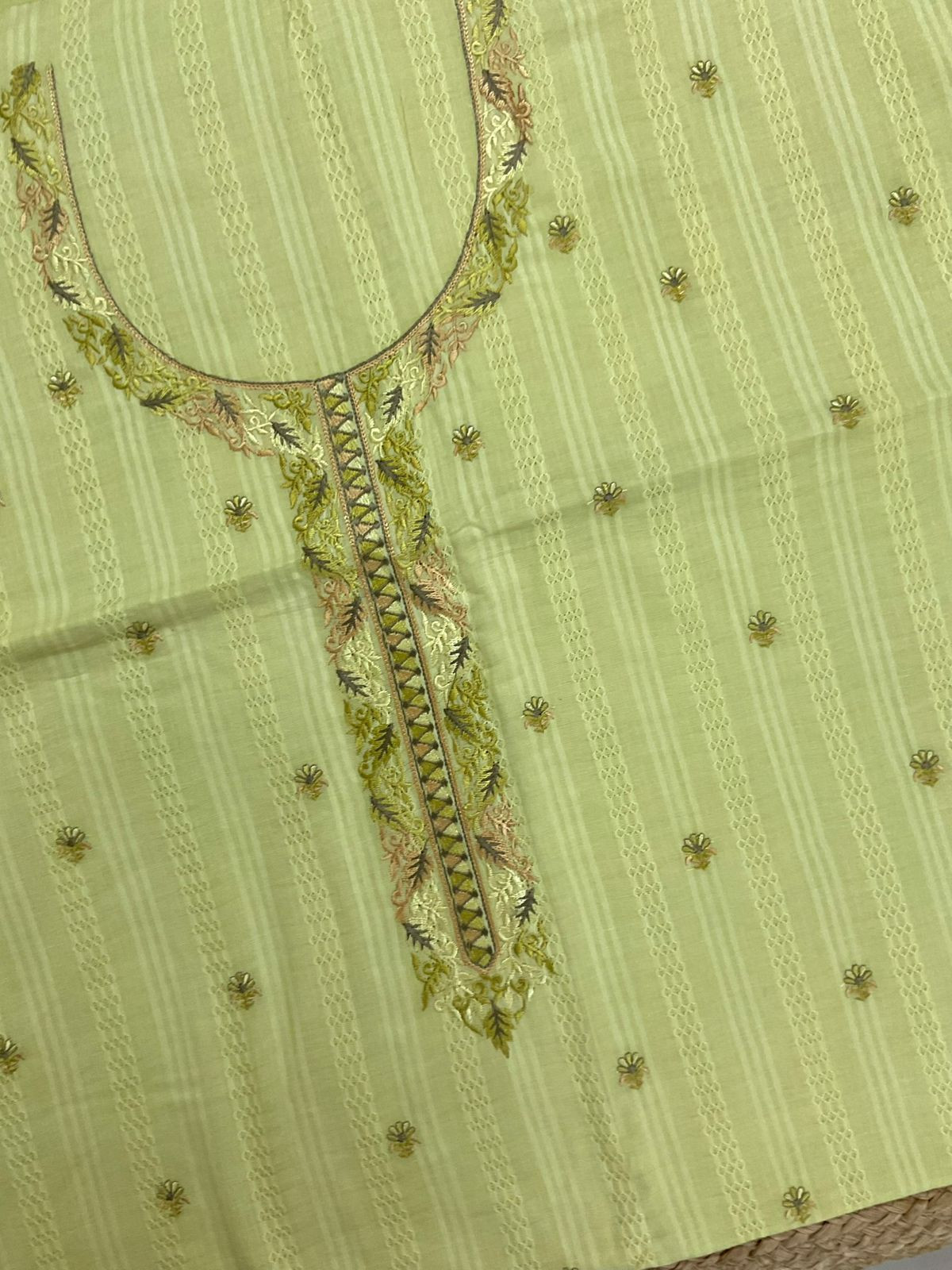 Pure Cotton Self Weaved Printed Embroidered Suit - Green