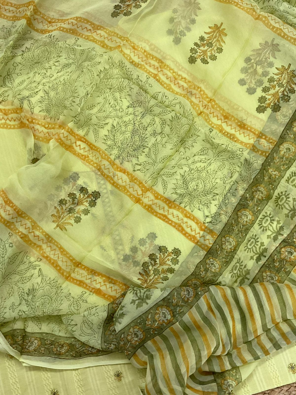 Pure Cotton Self Weaved Printed Embroidered Suit - Green