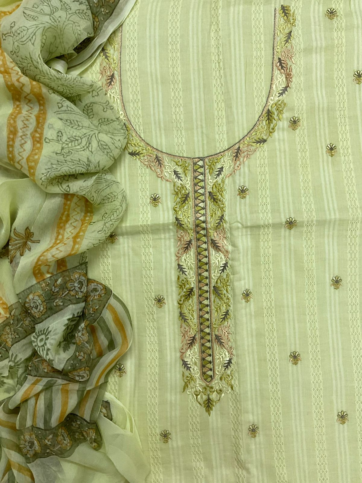 Pure Cotton Self Weaved Printed Embroidered Suit - Green