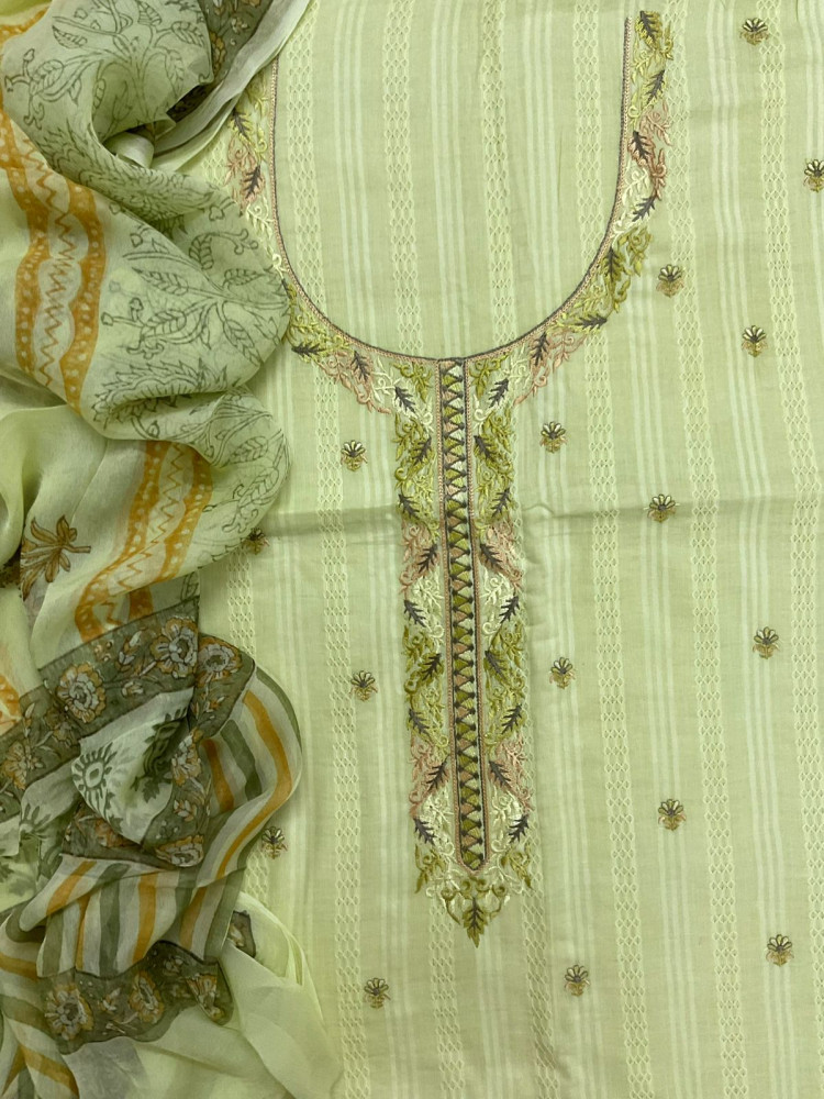 Image of Pure Cotton Self Weaved Printed Embroidered Suit - Green