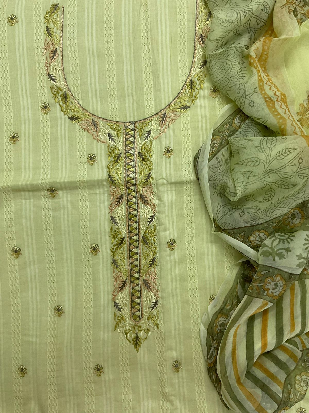 Pure Cotton Self Weaved Printed Embroidered Suit - Green