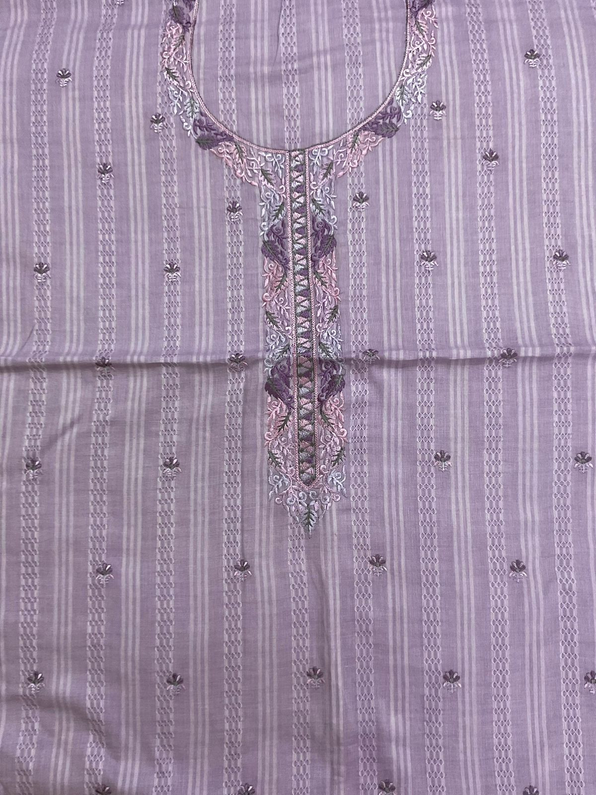 Pure Cotton Self Weaved Printed Embroidered Suit - Lavender