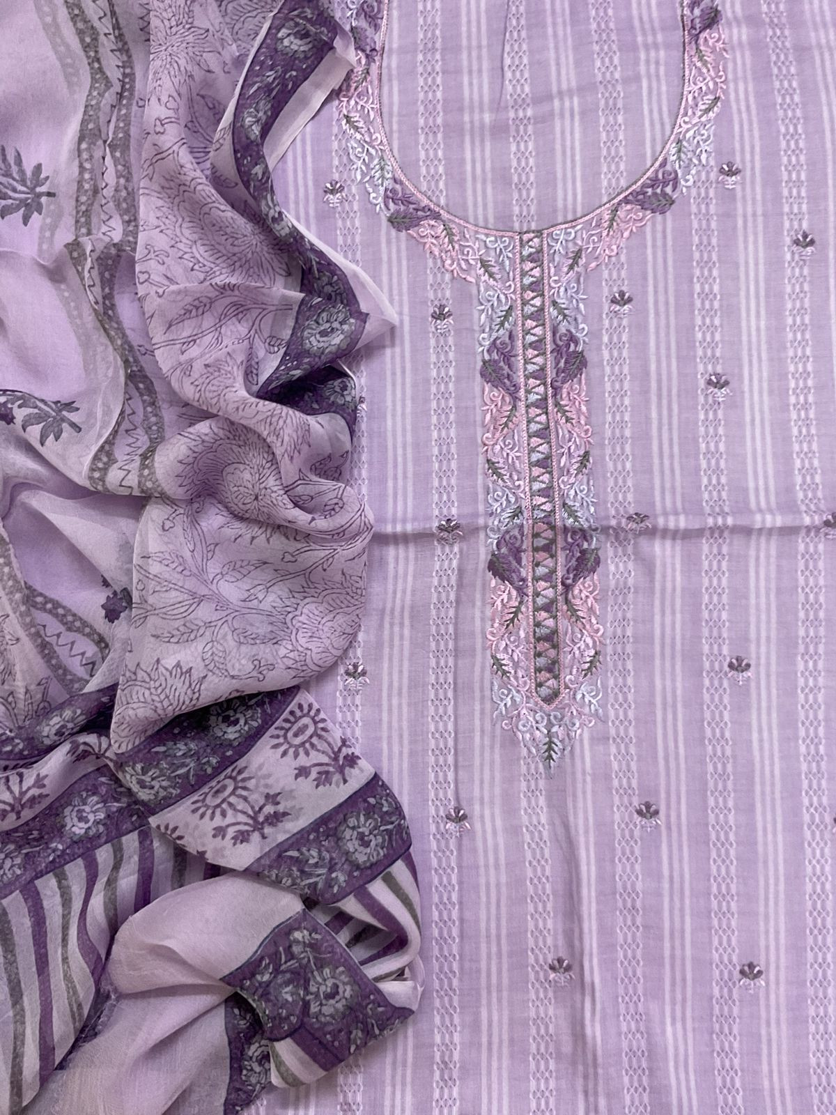Pure Cotton Self Weaved Printed Embroidered Suit - Lavender