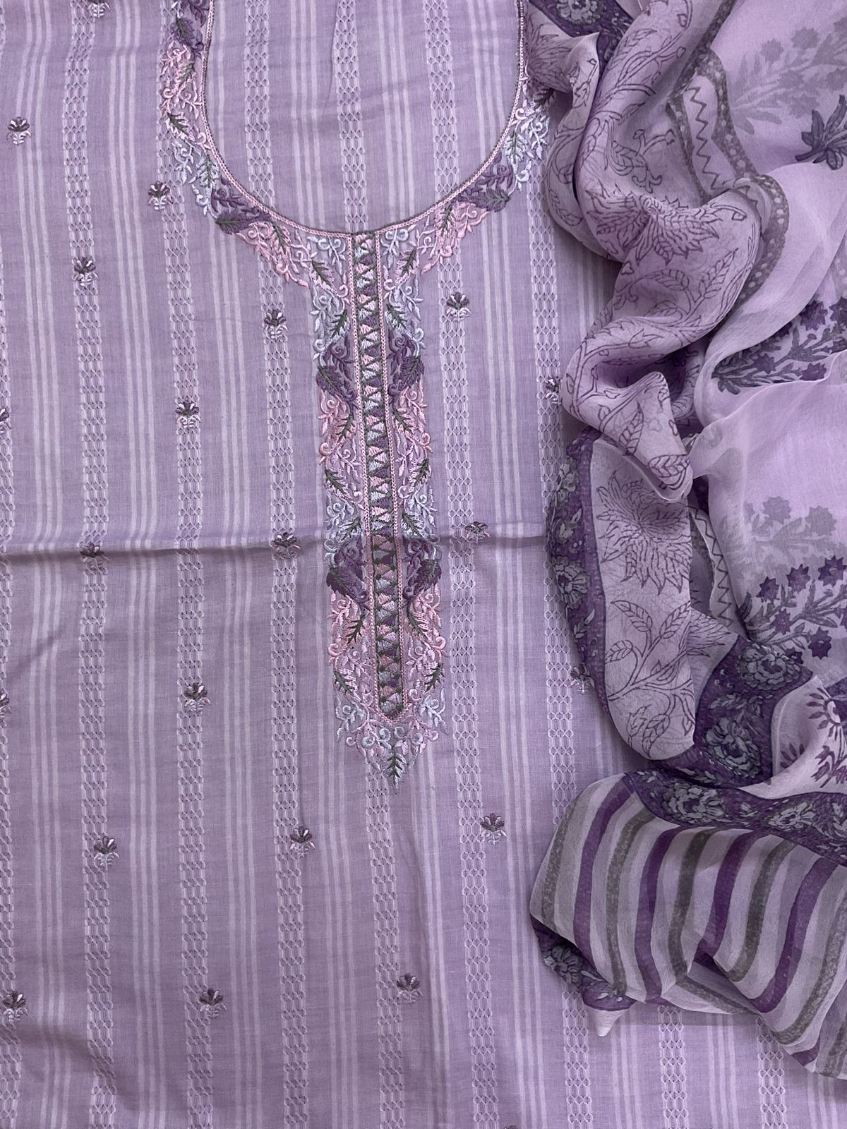 Pure Cotton Self Weaved Printed Embroidered Suit - Lavender