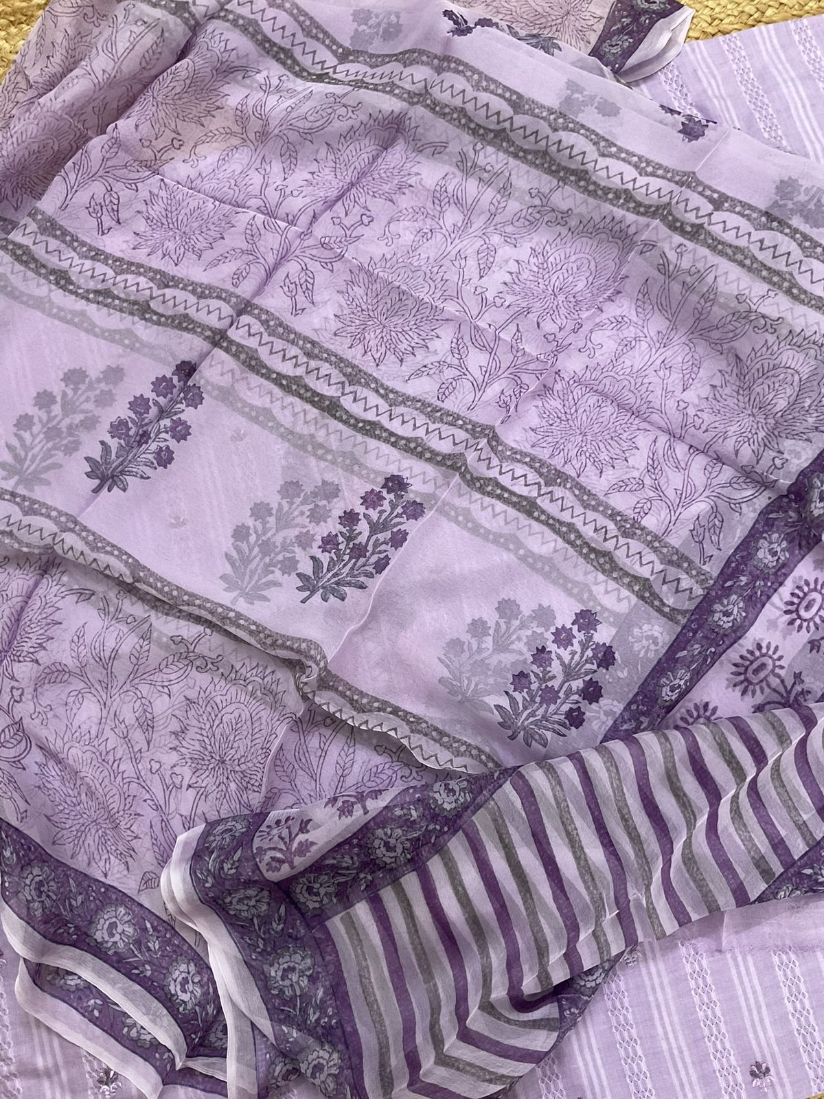 Pure Cotton Self Weaved Printed Embroidered Suit - Lavender