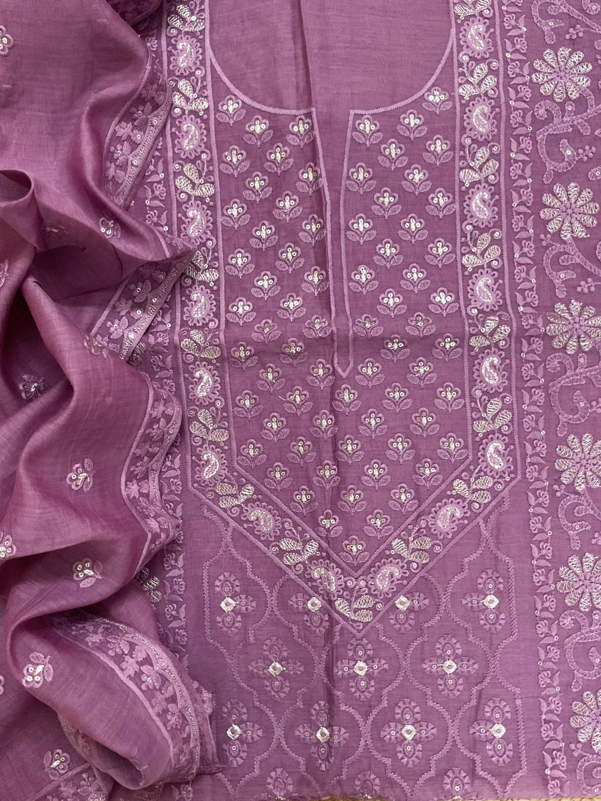 Pure Mul Chanderi Embroidered Suit - Mauve