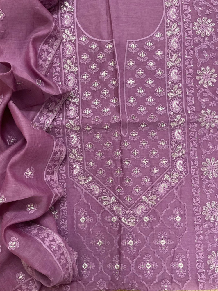 Image of Pure Mul Chanderi Embroidered Suit - Mauve