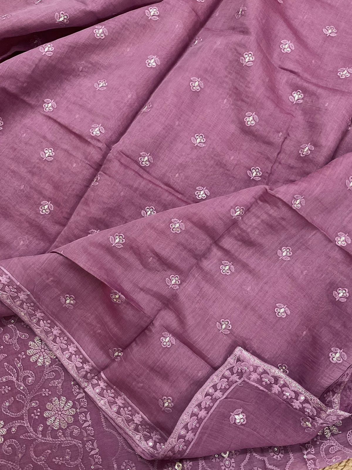 Pure Mul Chanderi Embroidered Suit - Mauve